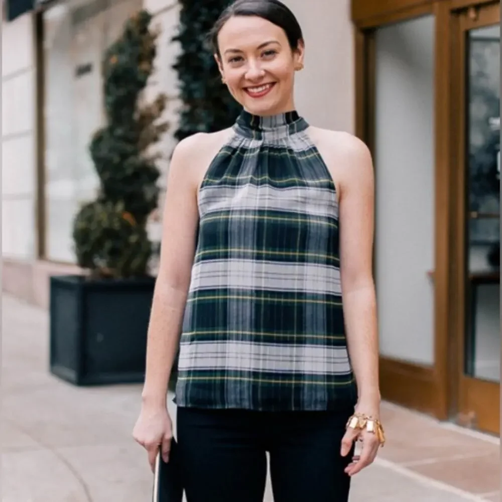 UEC J. CREW Highland Tartan Tie-Neck Halter Top Blouse SZ 10
